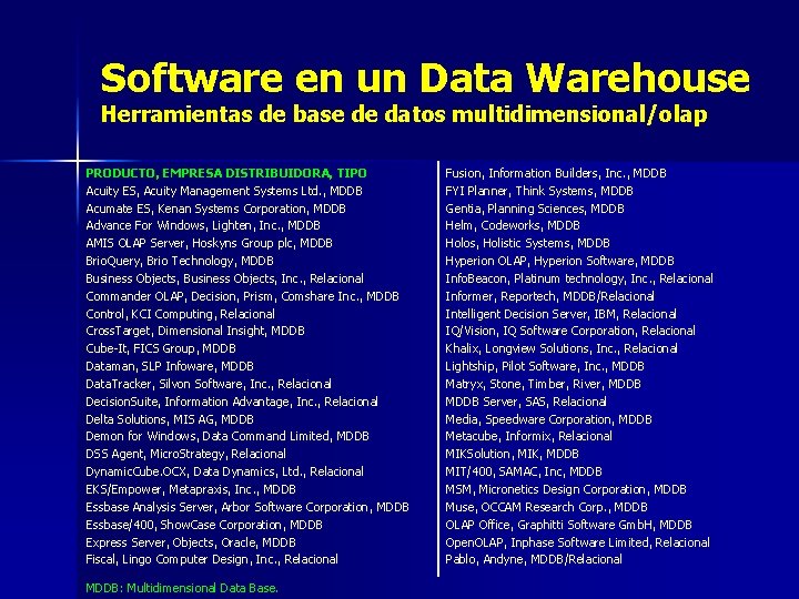 Software en un Data Warehouse Herramientas de base de datos multidimensional/olap PRODUCTO, EMPRESA DISTRIBUIDORA,