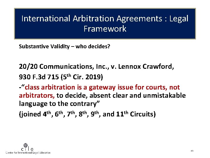 International Arbitration Agreements : Legal Framework Substantive Validity – who decides? 20/20 Communications, Inc.