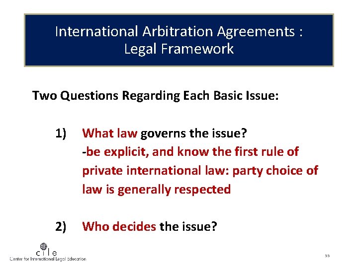 International Arbitration Agreements : Legal Framework Two Questions Regarding Each Basic Issue: 1) What