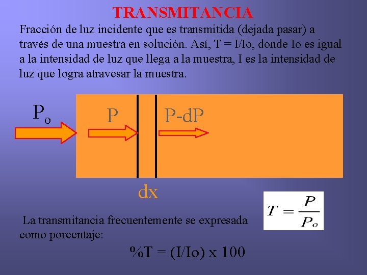 TRANSMITANCIA Fracción de luz incidente que es transmitida (dejada pasar) a través de una
