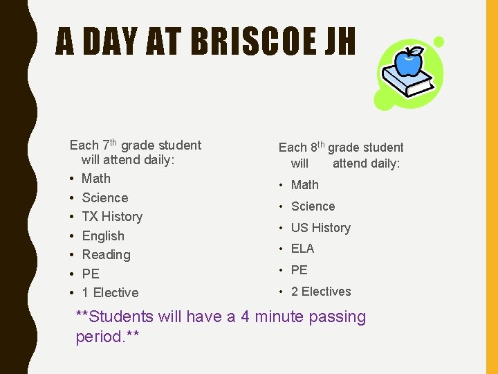 A DAY AT BRISCOE JH Each 7 th grade student will attend daily: •