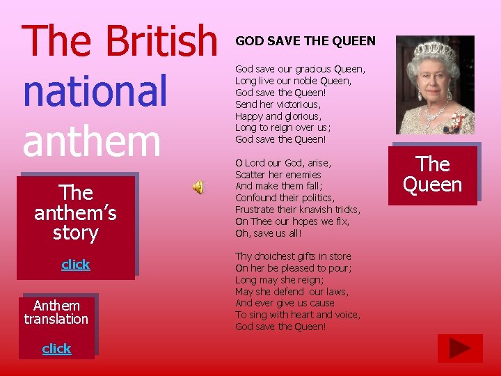 The British national anthem The anthem’s story click Anthem translation click GOD SAVE THE