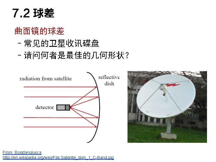 7. 2 球差 曲面镜的球差 –常见的卫星收讯碟盘 –请问何者是最佳的几何形状？ From: Bogdangiusca http: //en. wikipedia. org/wiki/File: Satellite_dish_1_C-Band. jpg