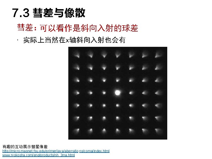 7. 3 彗差与像散 彗差：可以看作是斜向入射的球差 • 实际上当然在x轴斜向入射也会有 有趣的互动展示彗星像差 http: //micro. magnet. fsu. edu/primer/java/aberratio ns/coma/index. html