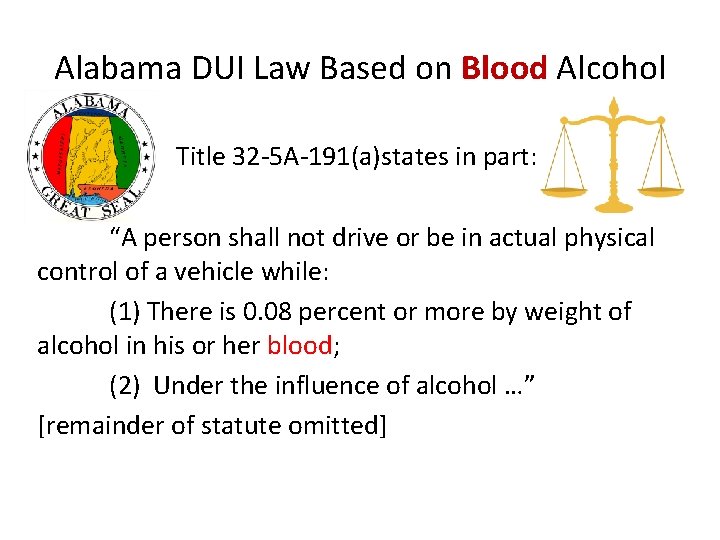 Alabama DUI Law Based on Blood Alcohol Title 32 -5 A-191(a)states in part: “A