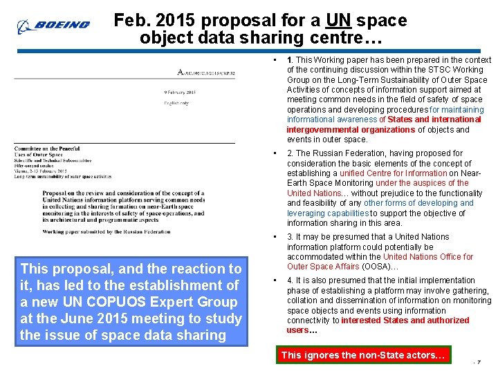 Feb. 2015 proposal for a UN space object data sharing centre… This proposal, and