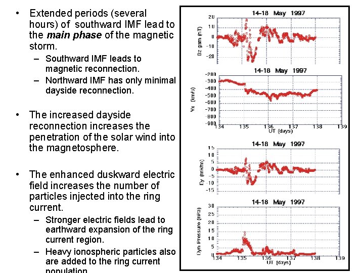  • Extended periods (several hours) of southward IMF lead to the main phase