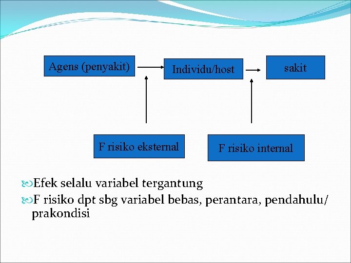 Agens (penyakit) Individu/host F risiko eksternal sakit F risiko internal Efek selalu variabel tergantung