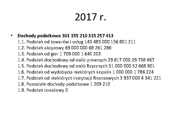 2017 r. • Dochody podatkowe 301 155 210 315 257 413 1. 1. Podatek