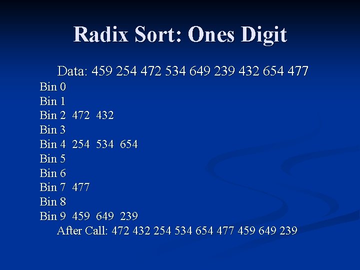 Radix Sort: Ones Digit Data: 459 254 472 534 649 239 432 654 477