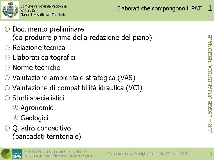 Elaborati che compongono il PAT Documento preliminare (da produrre prima della redazione del piano)