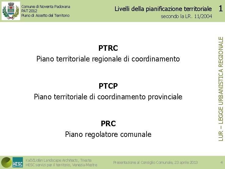 Livelli della pianificazione territoriale secondo la LR. 11/2004 PTRC Piano territoriale regionale di coordinamento