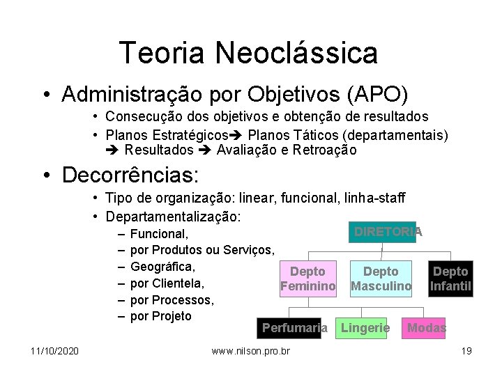 Teoria Neoclássica • Administração por Objetivos (APO) • Consecução dos objetivos e obtenção de