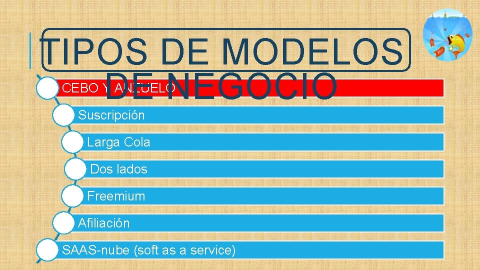 TIPOS DE MODELOS DE NEGOCIO CEBO Y ANZUELO Suscripción Larga Cola Dos lados Freemium