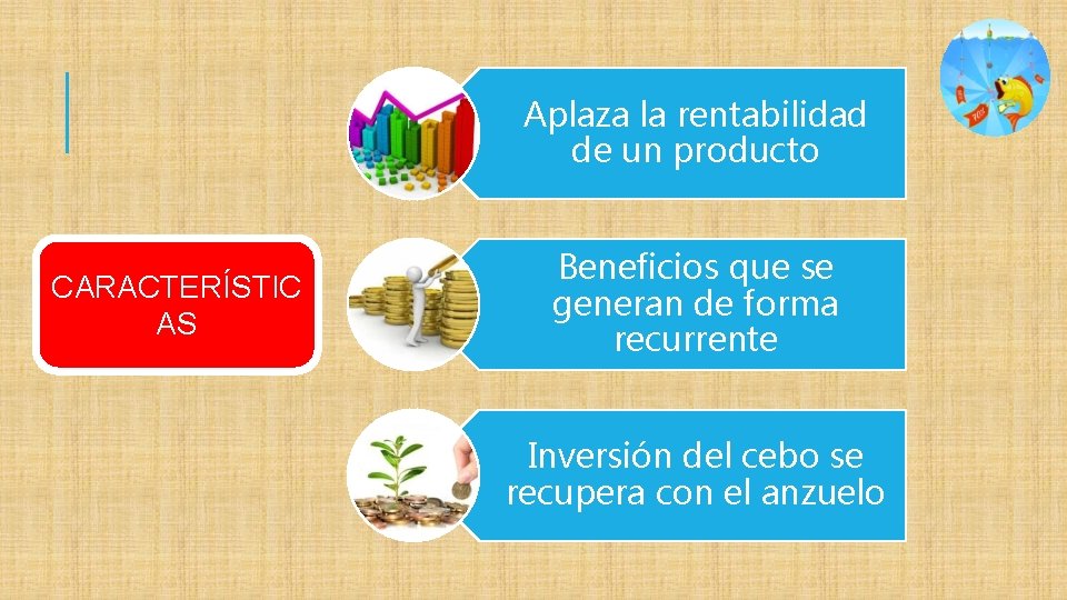 Aplaza la rentabilidad de un producto CARACTERÍSTIC AS Beneficios que se generan de forma