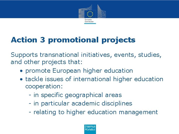 Action 3 promotional projects Supports transnational initiatives, events, studies, and other projects that: •