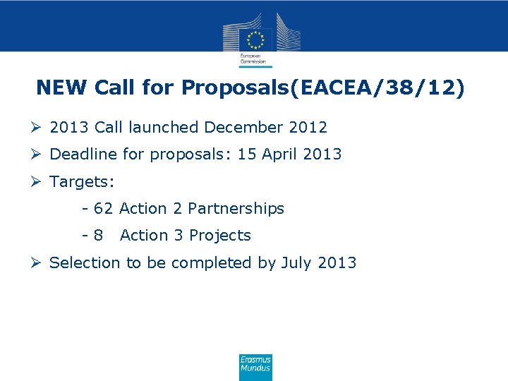 NEW Call for Proposals(EACEA/38/12) Ø 2013 Call launched December 2012 Ø Deadline for proposals: