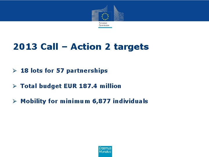 2013 Call – Action 2 targets Ø 18 lots for 57 partnerships Ø Total