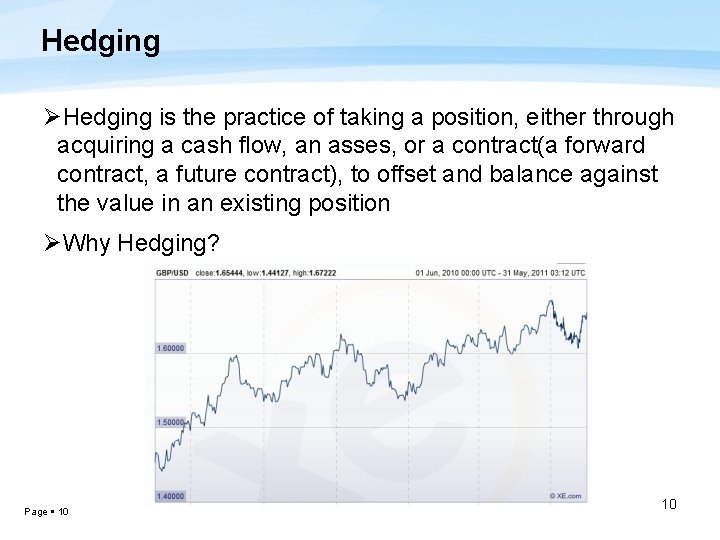 Hedging ØHedging is the practice of taking a position, either through acquiring a cash