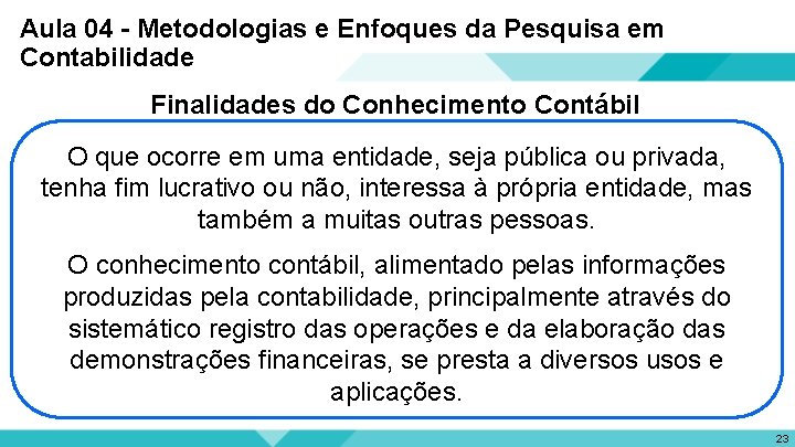 Aula 04 - Metodologias e Enfoques da Pesquisa em Contabilidade Finalidades do Conhecimento Contábil