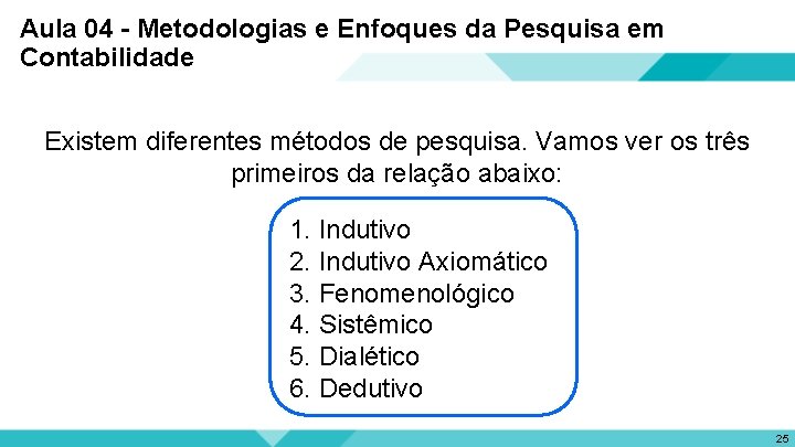 Aula 04 - Metodologias e Enfoques da Pesquisa em Contabilidade Existem diferentes métodos de