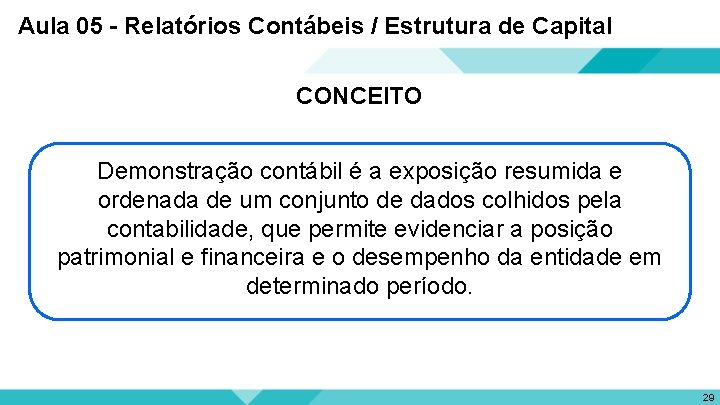 Aula 05 - Relatórios Contábeis / Estrutura de Capital CONCEITO Demonstração contábil é a