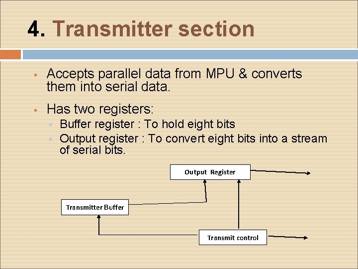 4. Transmitter section Accepts parallel data from MPU & converts them into serial data. 4. Transmitter section Accepts parallel data from MPU & converts them into serial data.