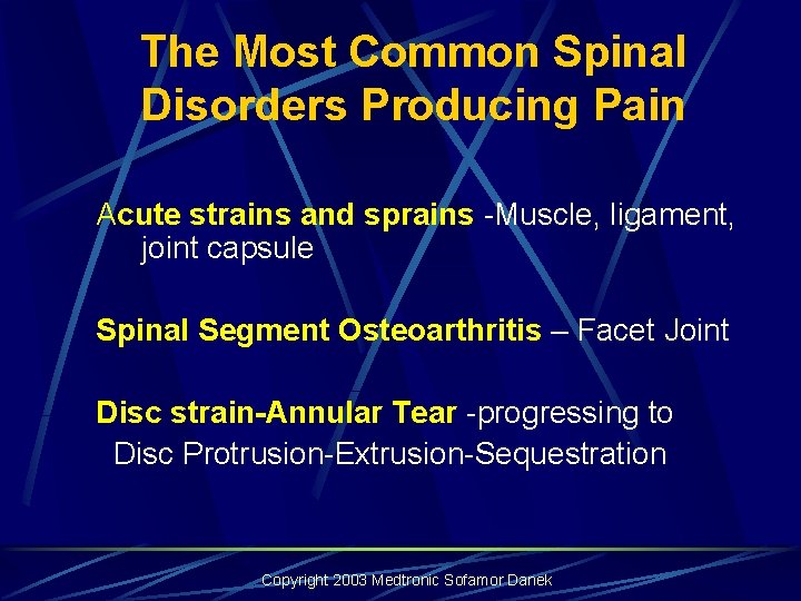 The Most Common Spinal Disorders Producing Pain Acute strains and sprains -Muscle, ligament, joint The Most Common Spinal Disorders Producing Pain Acute strains and sprains -Muscle, ligament, joint