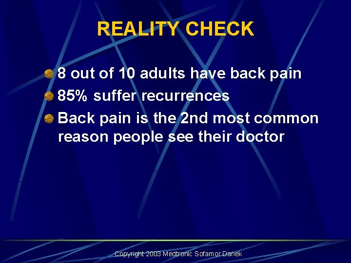 REALITY CHECK 8 out of 10 adults have back pain 85% suffer recurrences Back REALITY CHECK 8 out of 10 adults have back pain 85% suffer recurrences Back