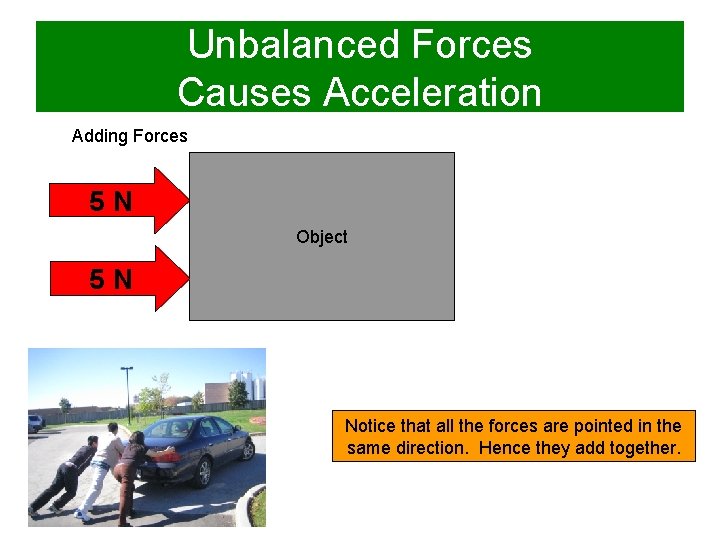 Unbalanced Forces Causes Acceleration Adding Forces 5 N Object 5 N Notice that all