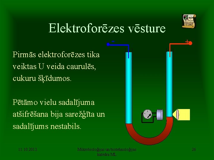 Elektroforēzes vēsture + Pirmās elektroforēzes tika veiktas U veida caurulēs, cukuru šķīdumos. Pētāmo vielu