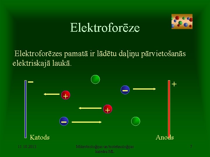 Elektroforēzes pamatā ir lādētu daļiņu pārvietošanās elektriskajā laukā. + + + Katods 11. 10.