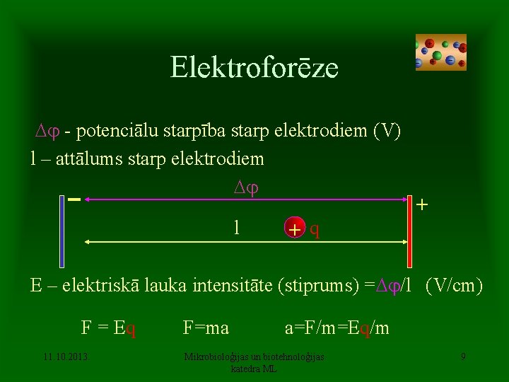 Elektroforēze - potenciālu starpība starp elektrodiem (V) l – attālums starp elektrodiem l +