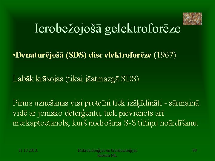 Ierobežojošā gelektroforēze • Denaturējošā (SDS) disc elektroforēze (1967) Labāk krāsojas (tikai jāatmazgā SDS) Pirms