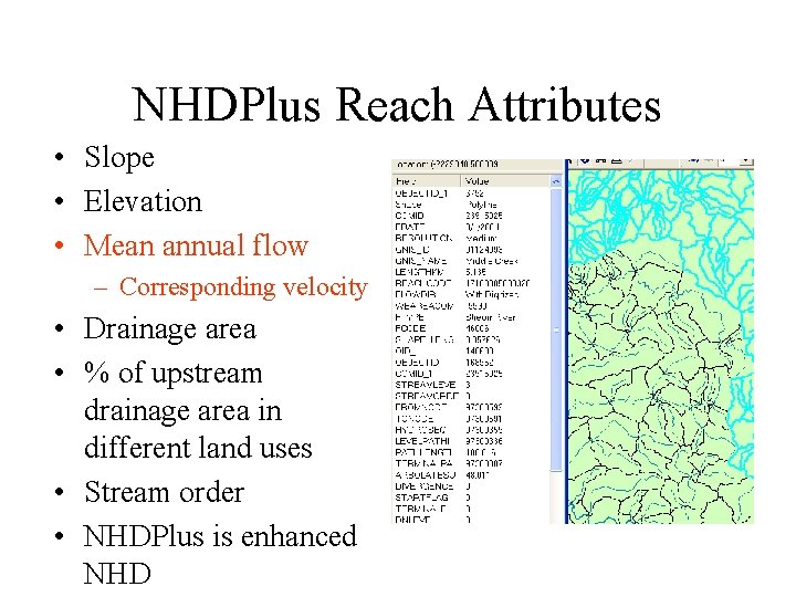 NHDPlus Reach Attributes • Slope • Elevation • Mean annual flow – Corresponding velocity