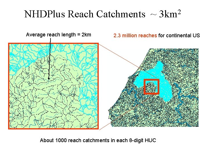 NHDPlus Reach Catchments ~ 3 km 2 Average reach length = 2 km 2.