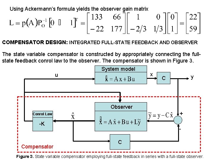 Using Ackermann’s formula yields the observer gain matrix COMPENSATOR DESIGN: INTEGRATED FULL-STATE FEEDBACK AND
