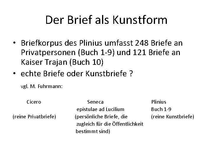 Der Brief als Kunstform • Briefkorpus des Plinius umfasst 248 Briefe an Privatpersonen (Buch