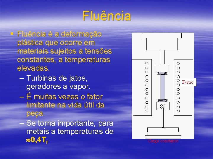 Fluência § Fluência é a deformação plástica que ocorre em materiais sujeitos a tensões