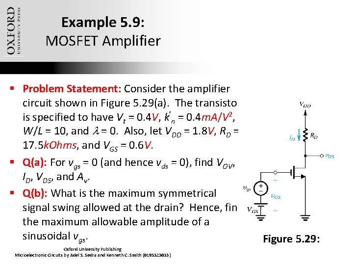 Example 5. 9: MOSFET Amplifier § Problem Statement: Consider the amplifier circuit shown in