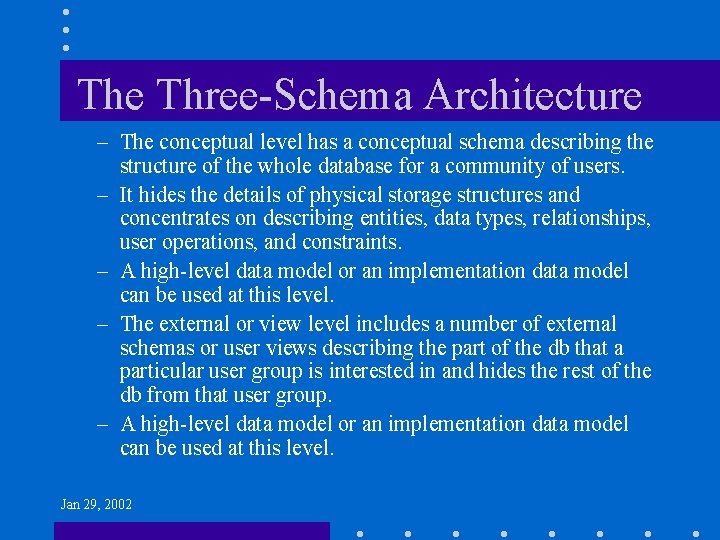 The Three-Schema Architecture – The conceptual level has a conceptual schema describing the structure