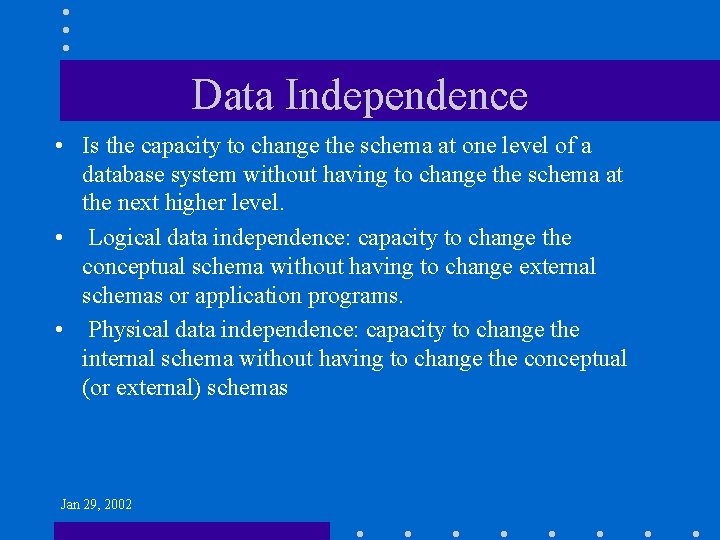 Data Independence • Is the capacity to change the schema at one level of