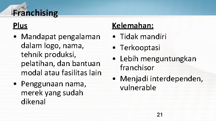 Franchising Plus • Mandapat pengalaman dalam logo, nama, tehnik produksi, pelatihan, dan bantuan modal