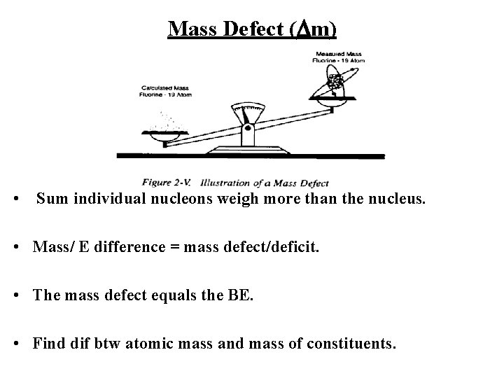 Mass Defect (Dm) • Sum individual nucleons weigh more than the nucleus. • Mass/