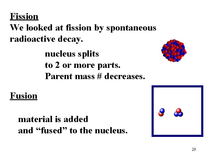 Fission We looked at fission by spontaneous radioactive decay. nucleus splits to 2 or