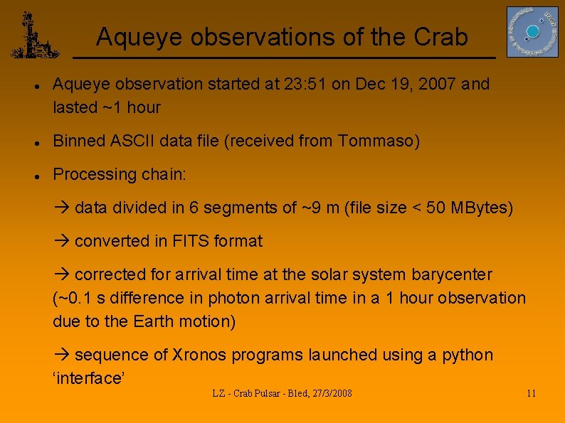 Aqueye observations of the Crab Aqueye observation started at 23: 51 on Dec 19,