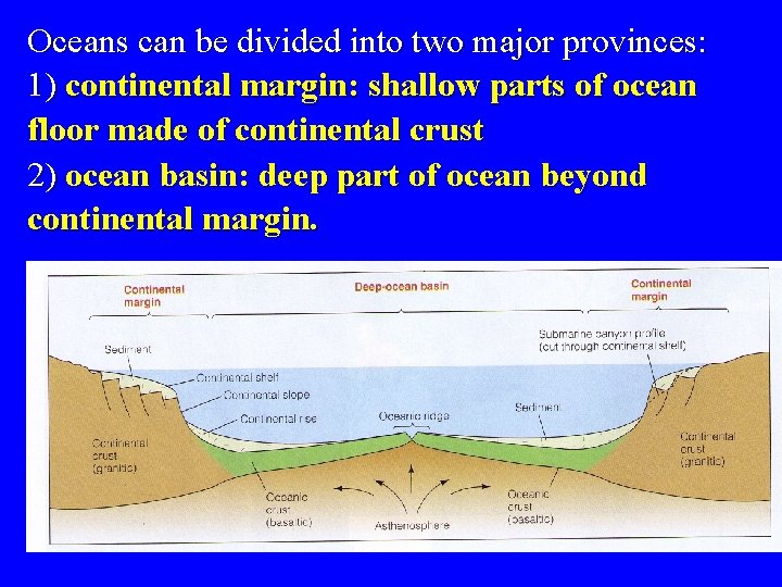 Oceans can be divided into two major provinces: 1) continental margin: shallow parts of