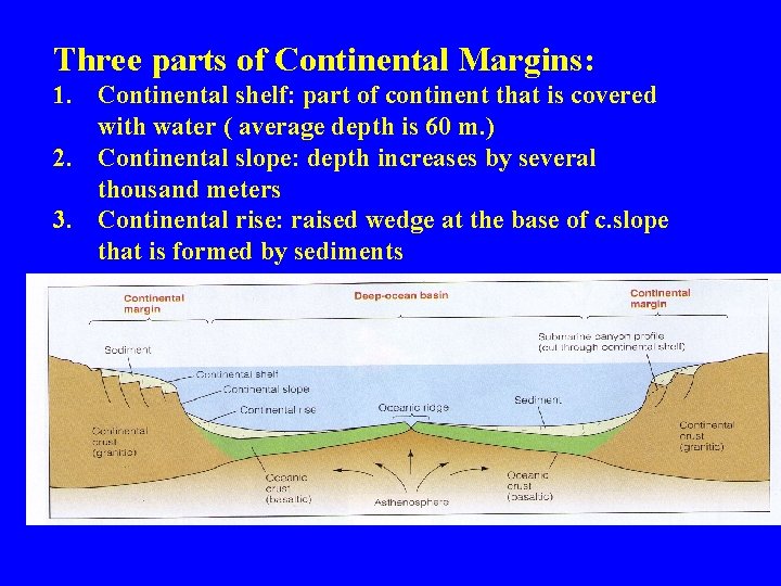 Three parts of Continental Margins: 1. Continental shelf: part of continent that is covered