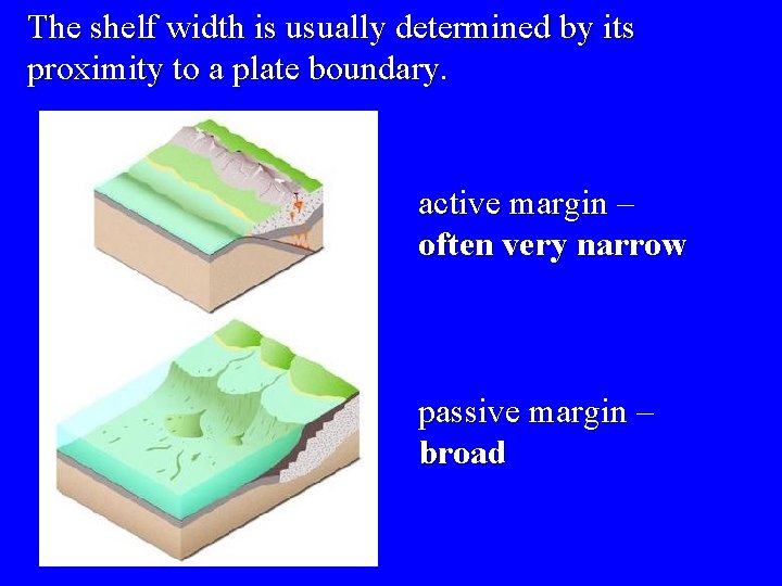 The shelf width is usually determined by its proximity to a plate boundary. active