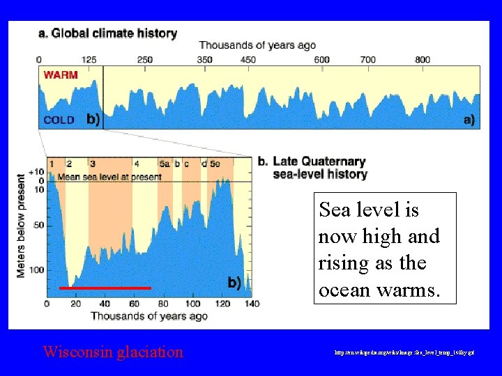Sea level is now high and rising as the ocean warms. Wisconsin glaciation http: